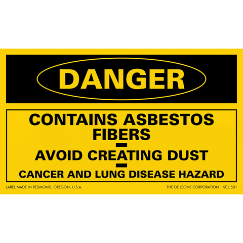 Yellow and black warning sign about asbestos fiber hazards.