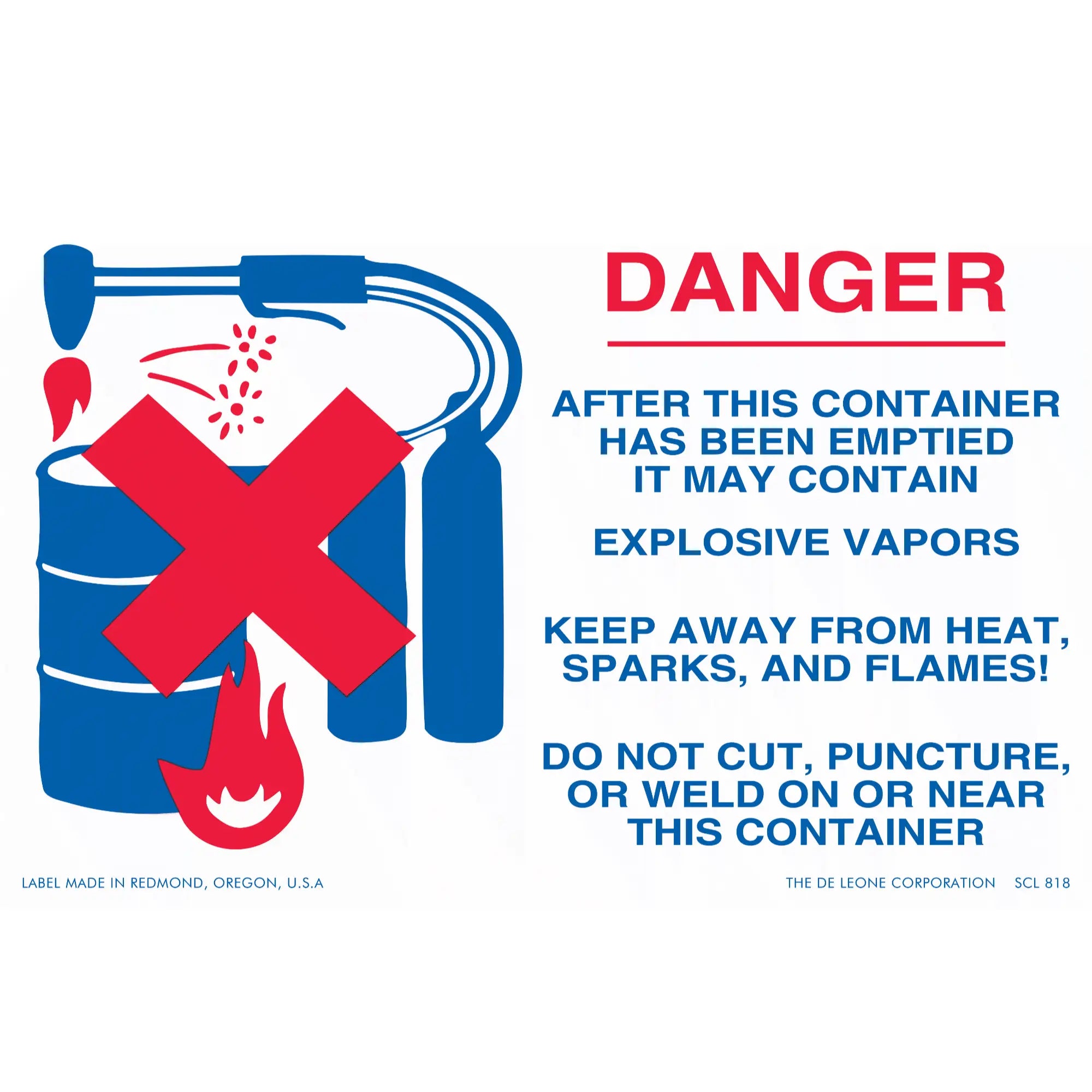 Warning sign about explosive vapors in empty containers with red and blue graphics.