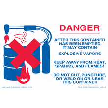 Warning sign about explosive vapors in empty containers with red and blue graphics.