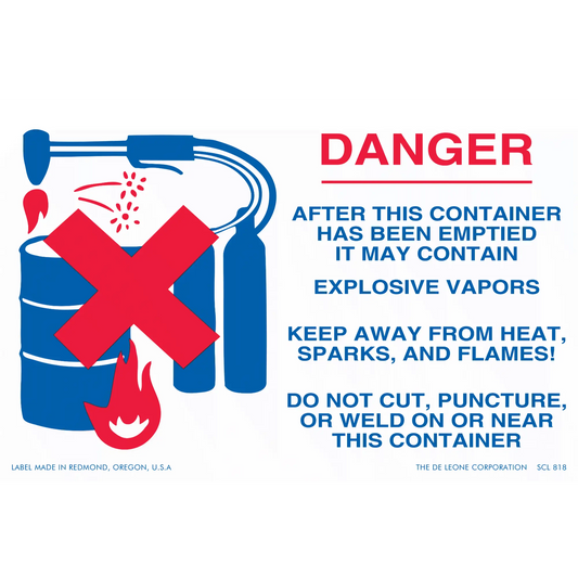 Warning sign about explosive vapors in empty containers with red and blue graphics.