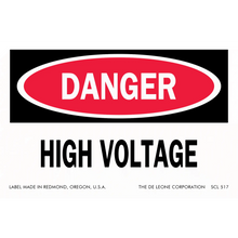 Red and white ’DANGER HIGH VOLTAGE’ warning sign.