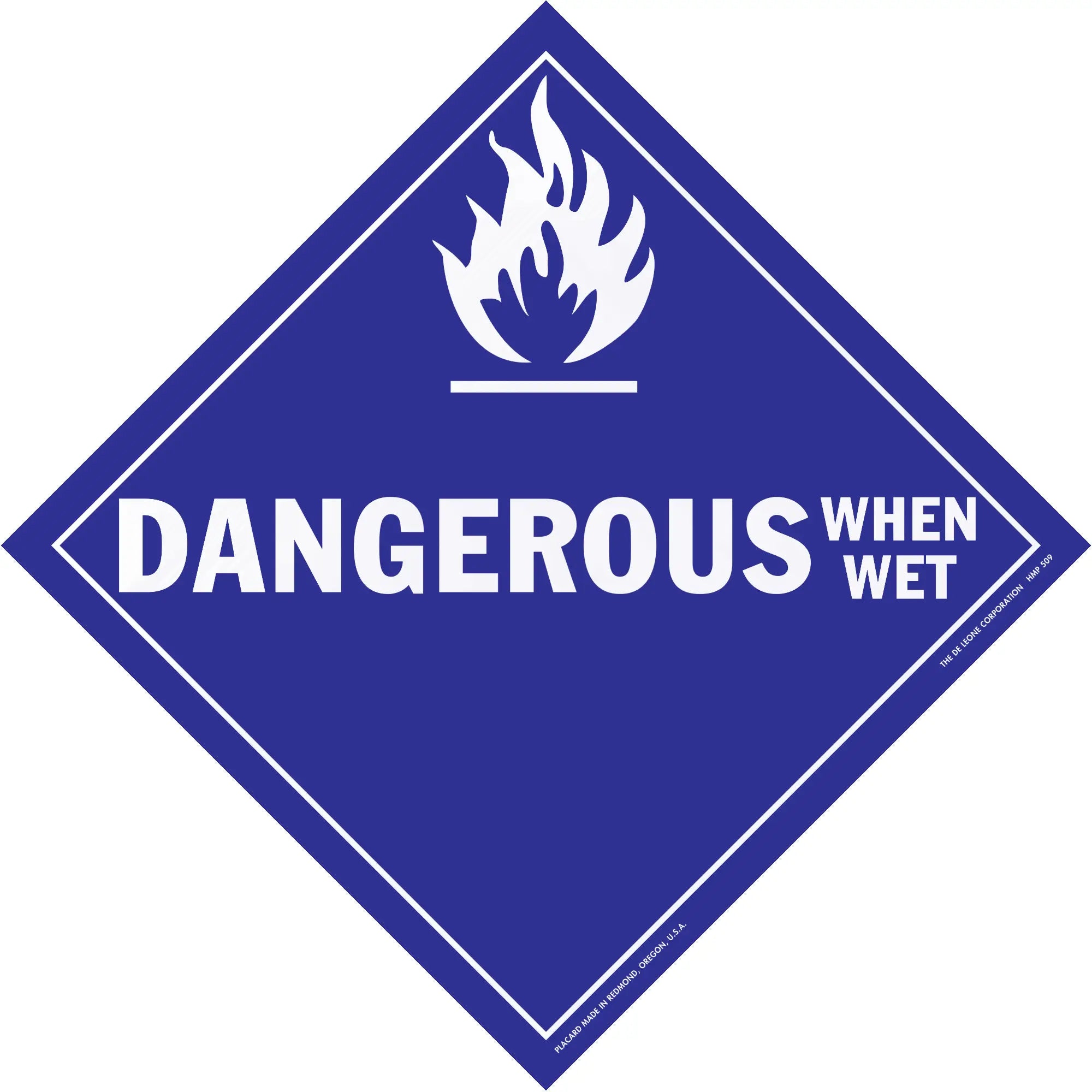 Diamond-shaped blue warning sign with ’DANGEROUS WHEN WET’ text and flame symbol.