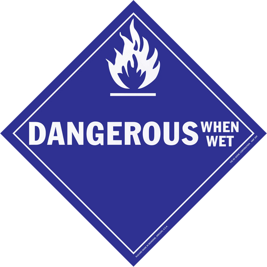 Diamond-shaped blue warning sign with ’DANGEROUS WHEN WET’ text and flame symbol.