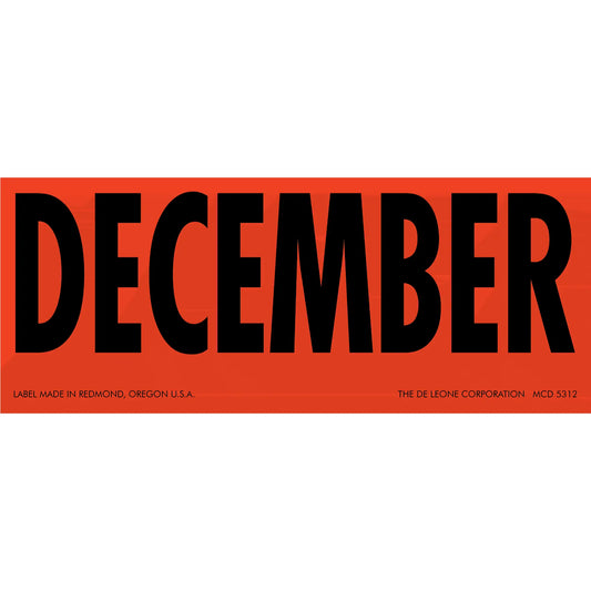 Orange label with ’DECEMBER’ printed in black text.
