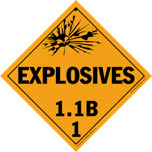 Diamond-shaped orange warning sign for explosives class 1.1B hazardous materials.