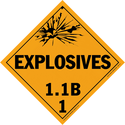 Diamond-shaped orange warning sign for explosives class 1.1B hazardous materials.