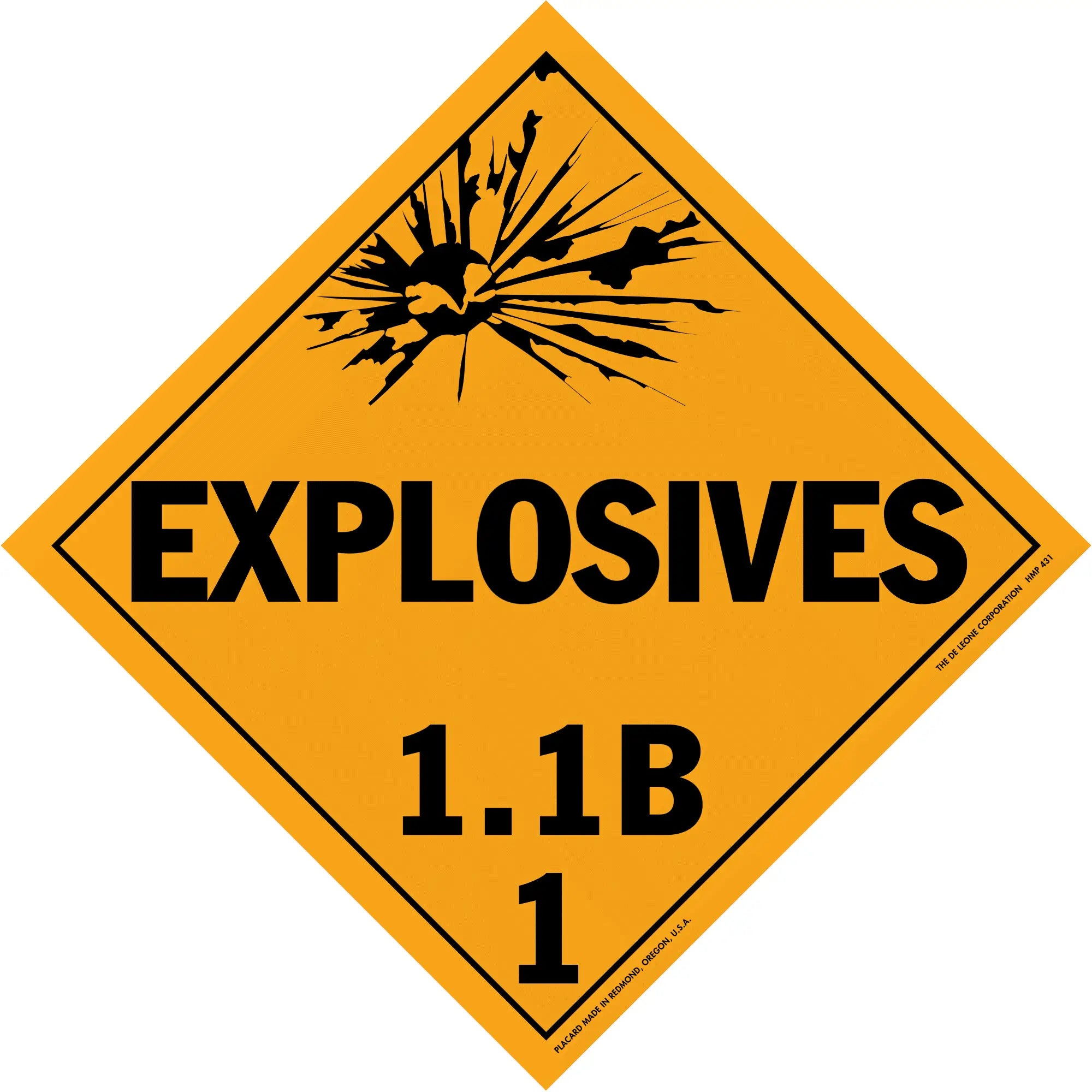 Diamond-shaped orange warning sign for explosives class 1.1B hazardous materials.