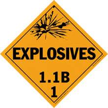 Diamond-shaped orange warning sign for explosives class 1.1B hazardous materials.