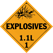 Diamond-shaped orange warning sign for explosives with classification 1.1L.