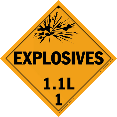 Diamond-shaped orange warning sign for explosives with classification 1.1L.