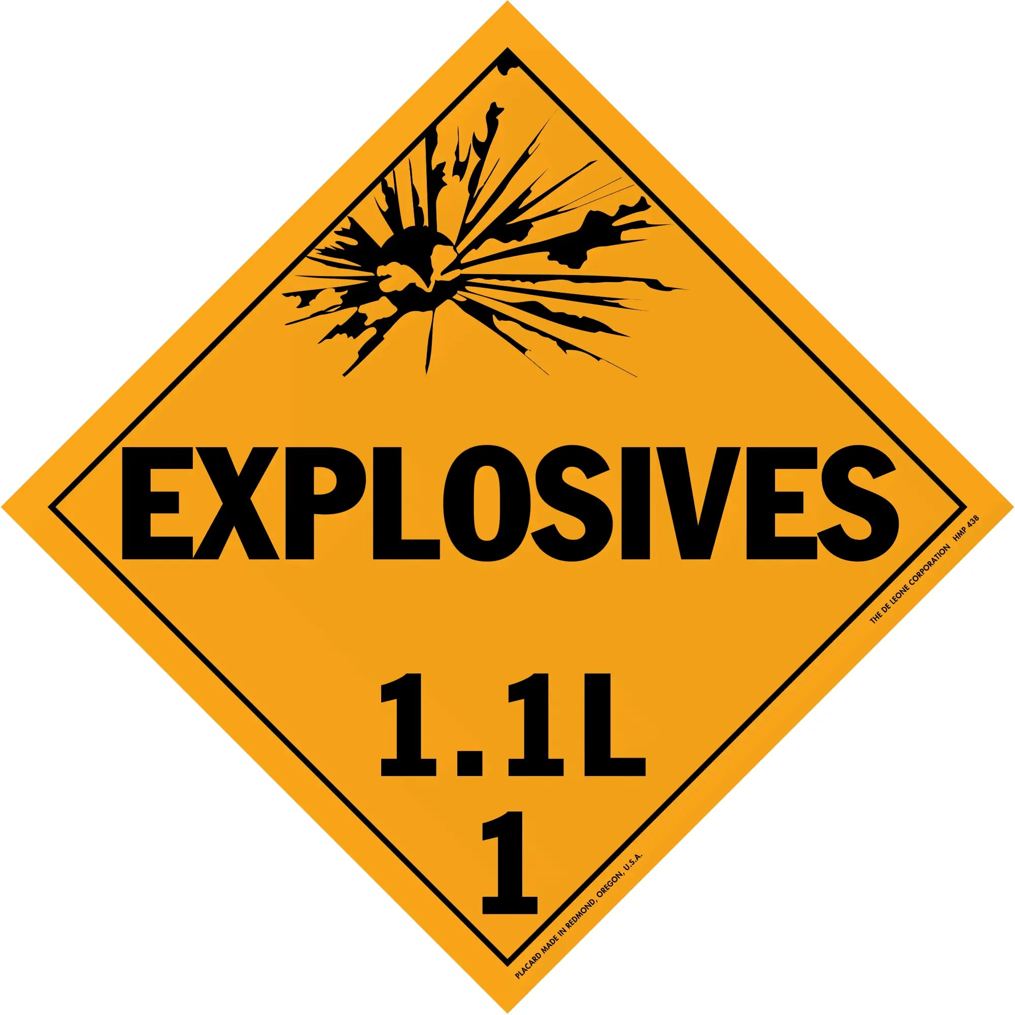Diamond-shaped orange warning sign for explosives with classification 1.1L.