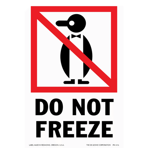 A warning sign showing a penguin in a bow tie within a red crossed-out circle, with ’DO NOT FREEZE’ text below.