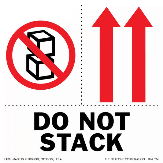 Warning sign with ’DO NOT STACK’ text and symbols showing prohibited stacking and directional arrows.