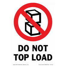 Warning sign with stacked boxes crossed out and ’DO NOT TOP LOAD’ text.