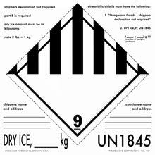 Hazardous material warning label for dry ice (UN1845) with Class 9 dangerous goods symbol.