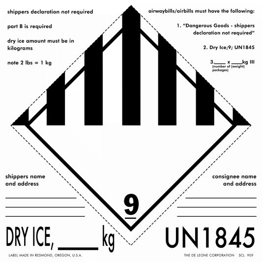 Hazardous material warning label for dry ice (UN1845) with Class 9 dangerous goods symbol.