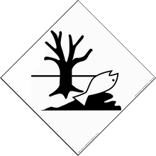 Black and white hazard symbol showing a dead tree and fish representing environmental danger.