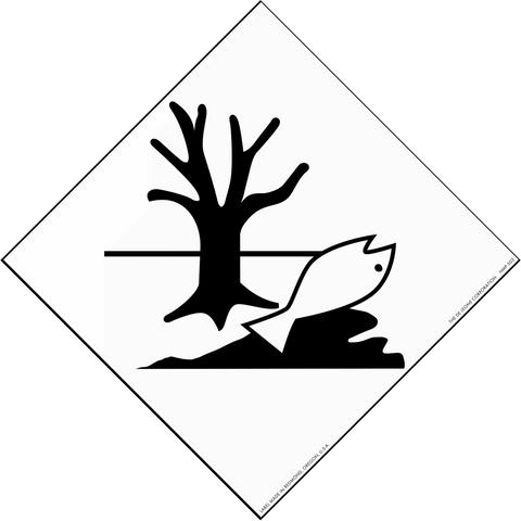 Black and white hazard symbol showing a dead tree and fish representing environmental danger.