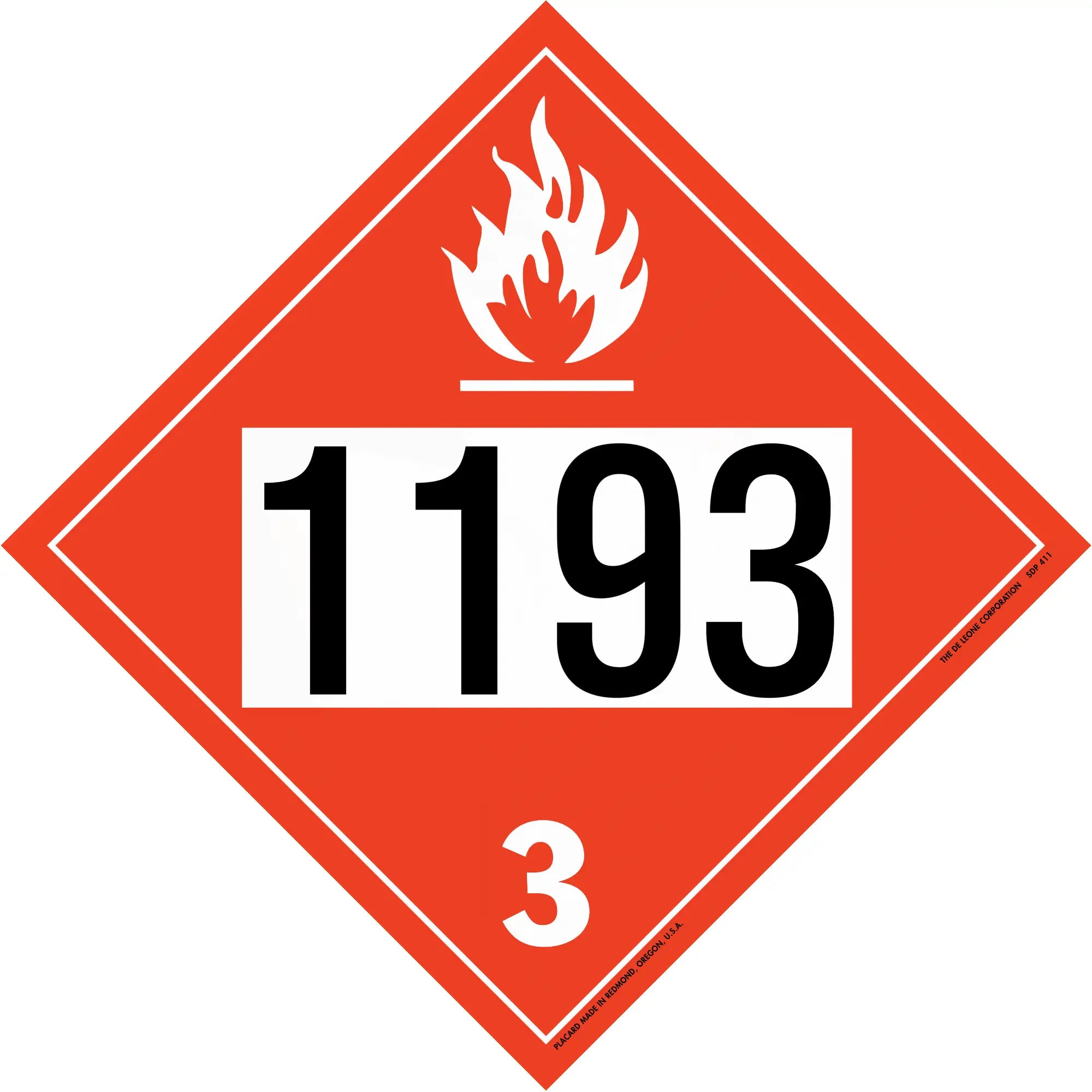 Red diamond-shaped hazmat placard displaying ’1193’’ and ’3’’ with a flame symbol.