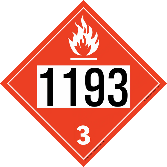 Red diamond-shaped hazmat placard displaying ’1193’’ and ’3’’ with a flame symbol.