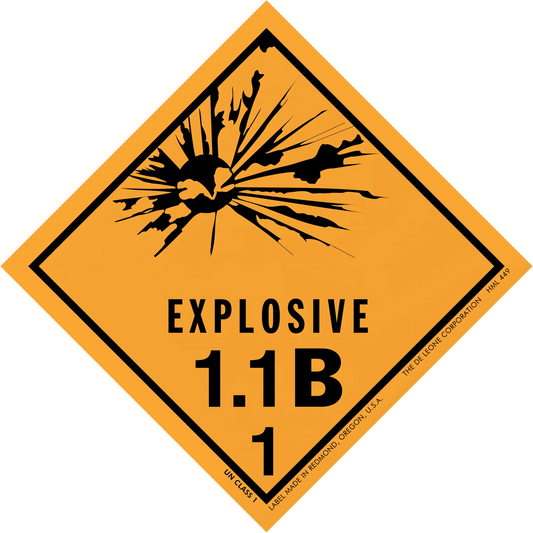 Diamond-shaped orange warning sign displaying ’EXPLOSIVE 1.1B 1’’ with a black explosion symbol.