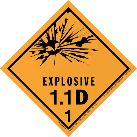 Orange diamond-shaped hazard warning sign for Explosive Class 1.1D materials.