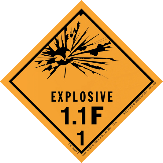 Diamond-shaped orange warning sign displaying ’EXPLOSIVE 1.1F 1’’ with an explosion symbol.