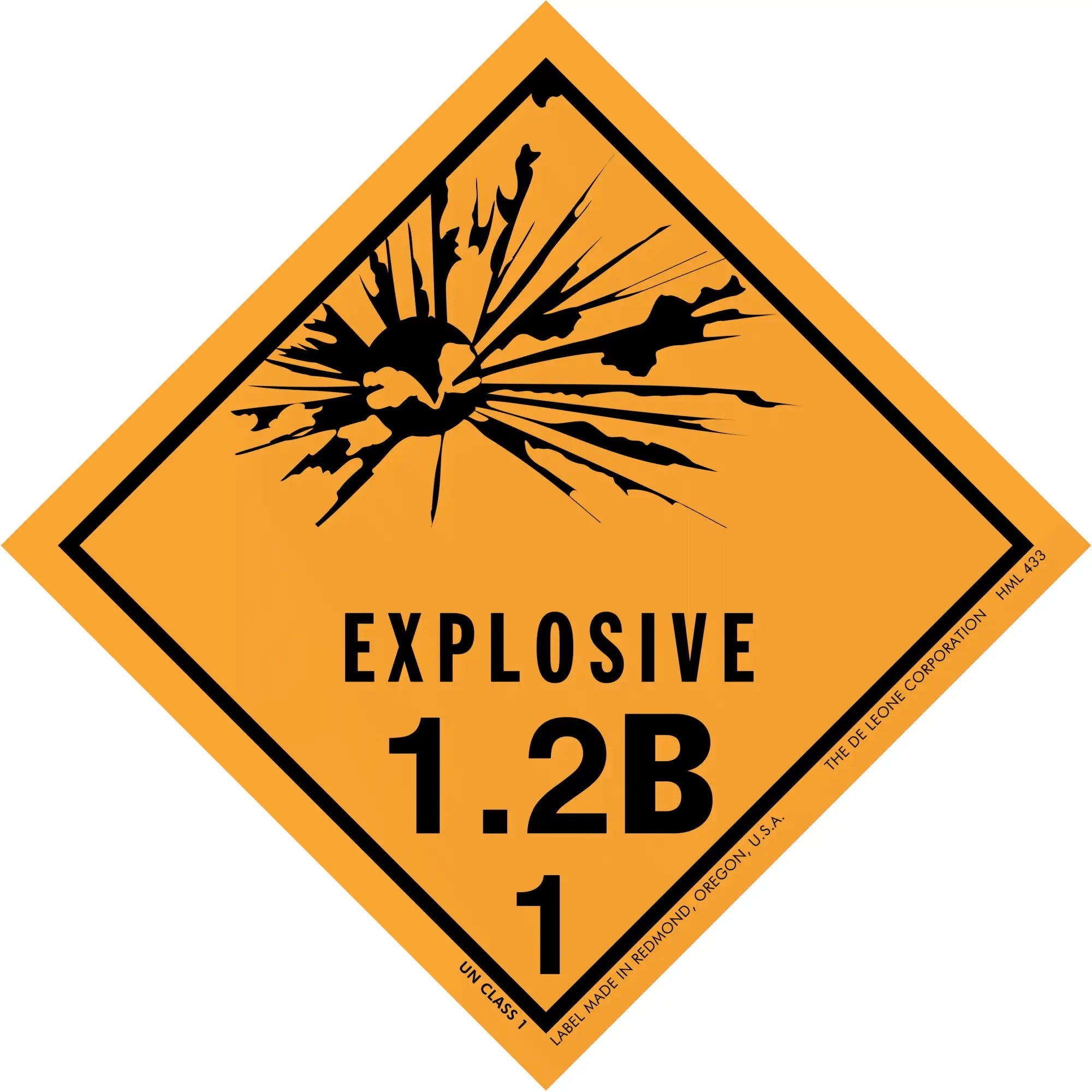Diamond-shaped orange warning sign displaying ’EXPLOSIVE 1.2B 1’’ with a black explosion symbol.