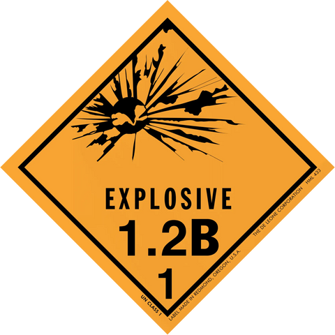 Diamond-shaped orange warning sign displaying ’EXPLOSIVE 1.2B 1’’ with a black explosion symbol.