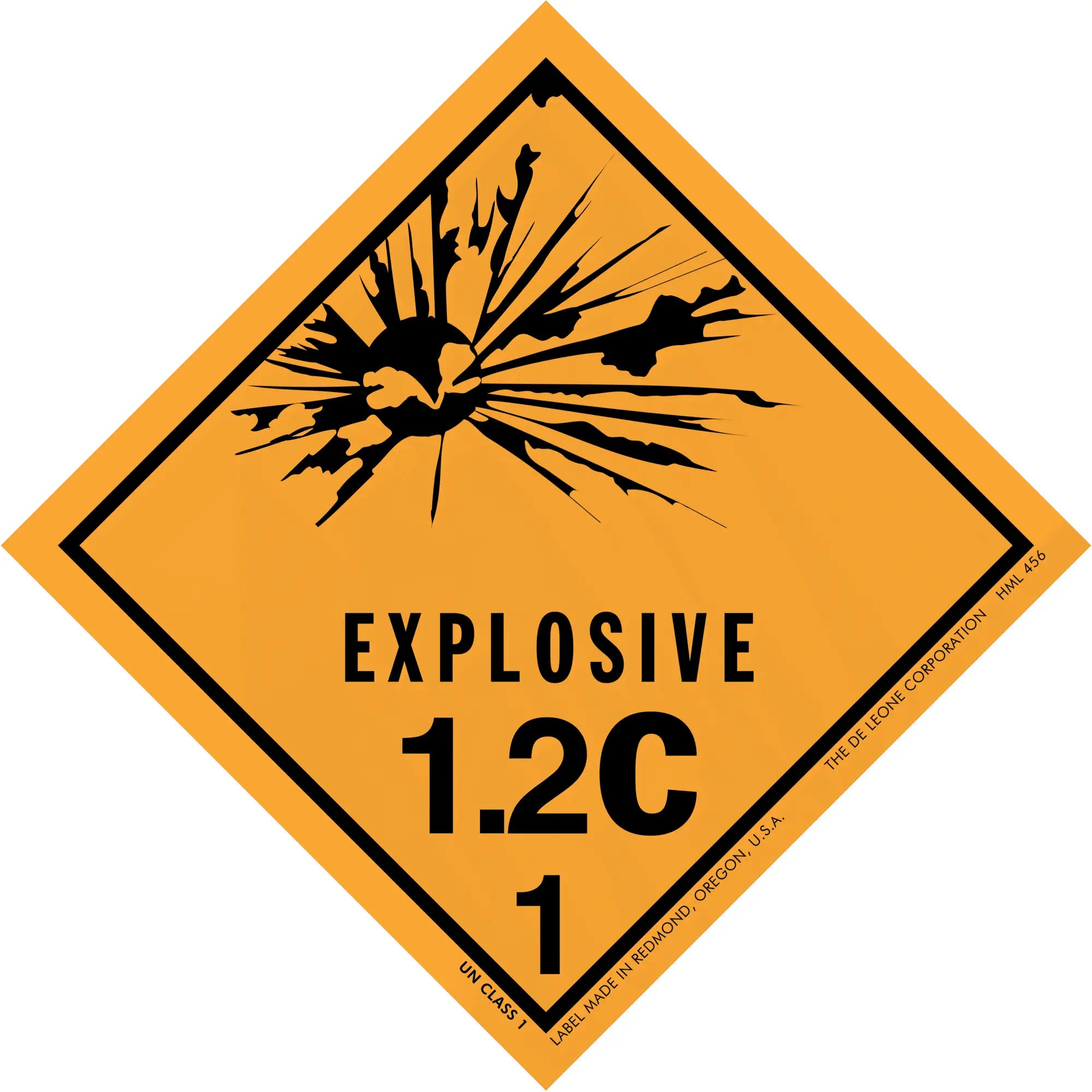 Diamond-shaped orange warning sign for explosive hazard class 1.2C with explosion symbol.