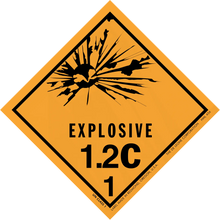 Diamond-shaped orange warning sign for explosive hazard class 1.2C with explosion symbol.