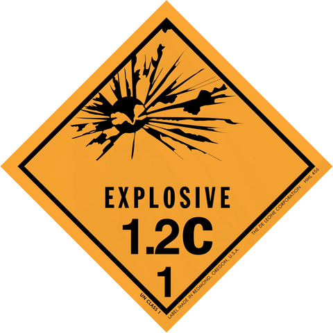 Diamond-shaped orange warning sign for explosive hazard class 1.2C with explosion symbol.