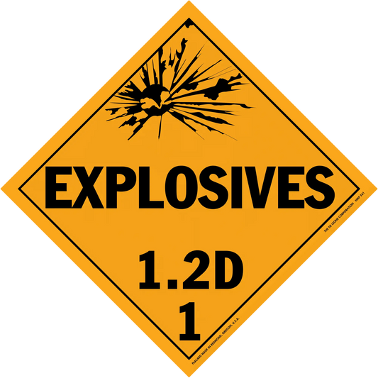 Diamond-shaped orange warning sign for explosives with hazard class 1.2D.