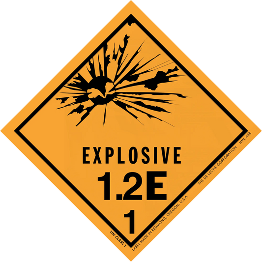 Orange diamond-shaped hazard warning sign for Explosive 1.2E materials.