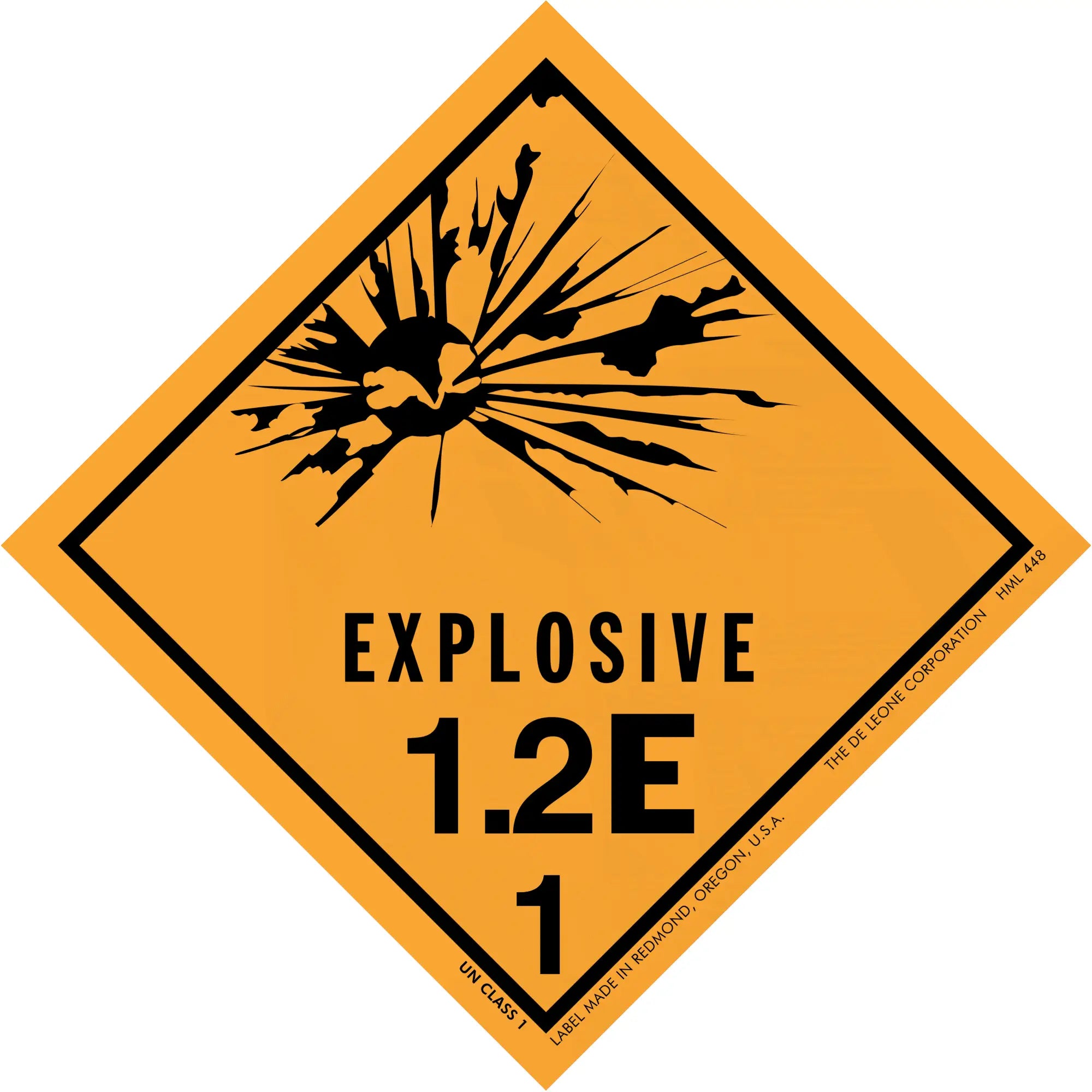 Orange diamond-shaped hazard warning sign for Explosive 1.2E materials.