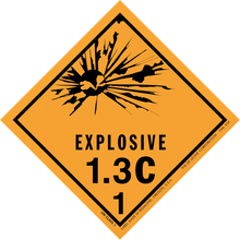 Orange diamond-shaped hazard warning sign for Explosive 1.3C materials.