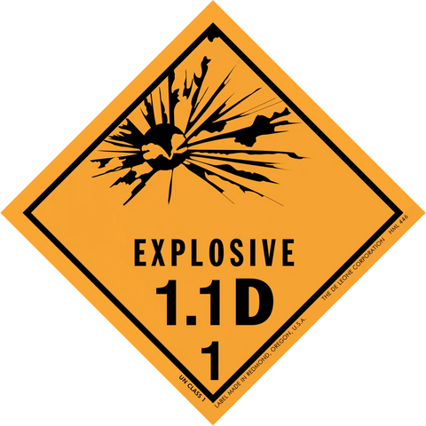 Diamond-shaped orange warning sign displaying ’EXPLOSIVE 1.1D 1’’ with a black explosion symbol.