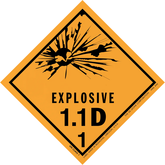 Diamond-shaped orange warning sign displaying ’EXPLOSIVE 1.1D 1’’ with a black explosion symbol.