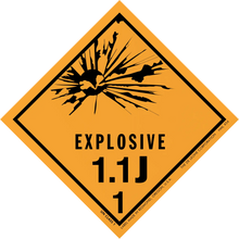 Diamond-shaped orange warning sign displaying ’EXPLOSIVE 1.1J 1’’ with an explosion symbol.