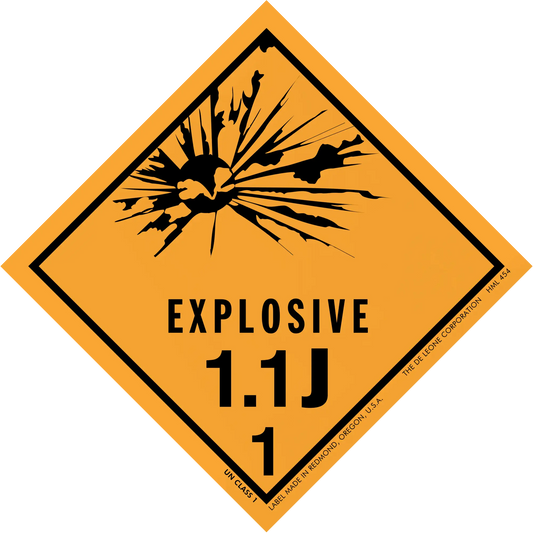 Diamond-shaped orange warning sign displaying ’EXPLOSIVE 1.1J 1’’ with an explosion symbol.