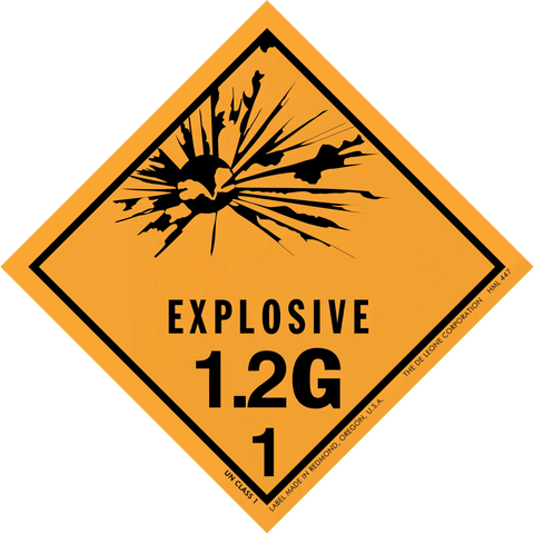 Diamond-shaped orange warning sign for explosive hazard class 1.2G with explosion symbol.