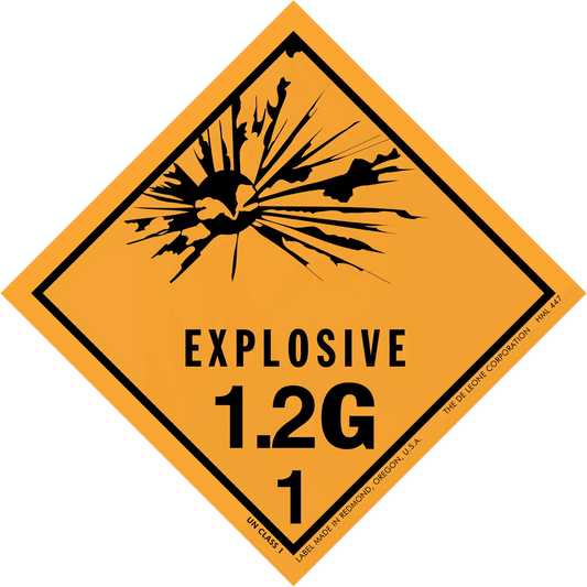 Diamond-shaped orange warning sign for explosive hazard class 1.2G with explosion symbol.