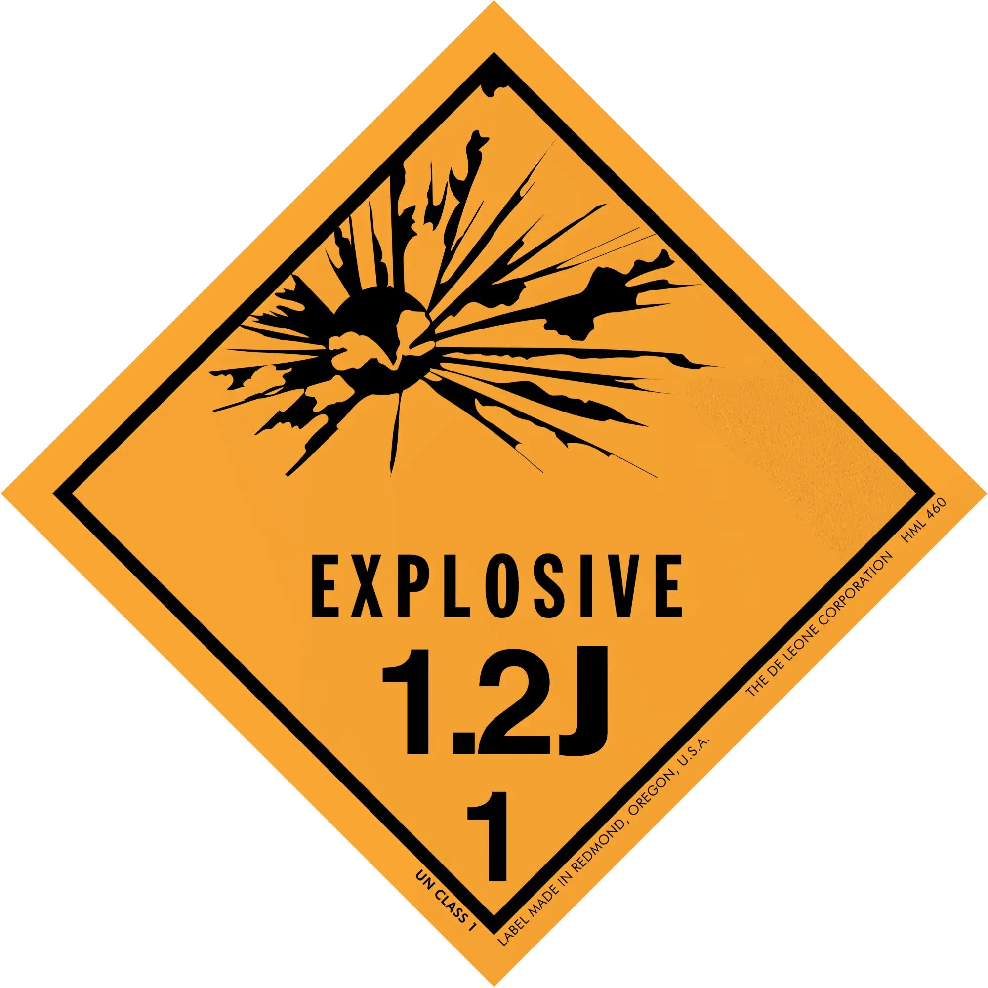Diamond-shaped orange warning sign for explosive hazard class 1.2J.