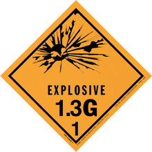 Diamond-shaped orange warning sign for explosive hazard class 1.3G.