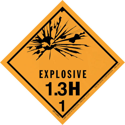 Orange diamond-shaped hazard warning sign for Explosive 1.3H materials with explosion symbol.