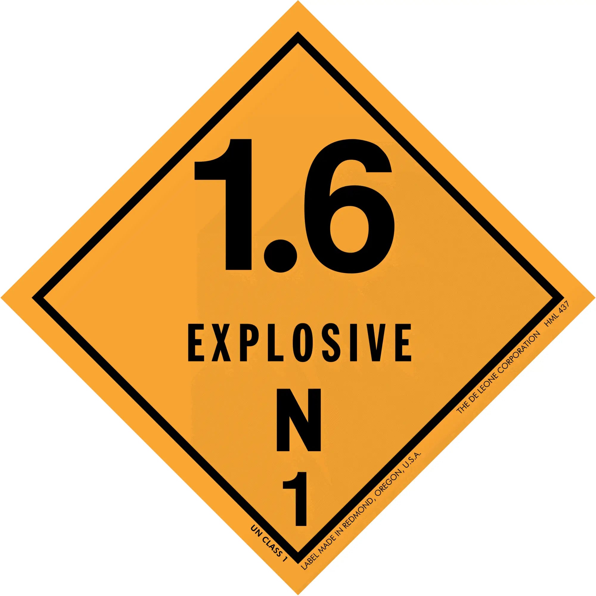 Orange diamond-shaped hazard placard displaying ’1.6 EXPLOSIVE N 1’’ warning symbol.