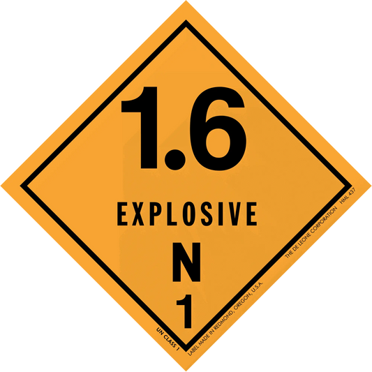 Orange diamond-shaped hazard placard displaying ’1.6 EXPLOSIVE N 1’’ warning symbol.