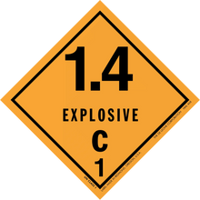 Diamond-shaped orange hazard placard displaying ’1.4 EXPLOSIVE C 1’’ warning symbol.