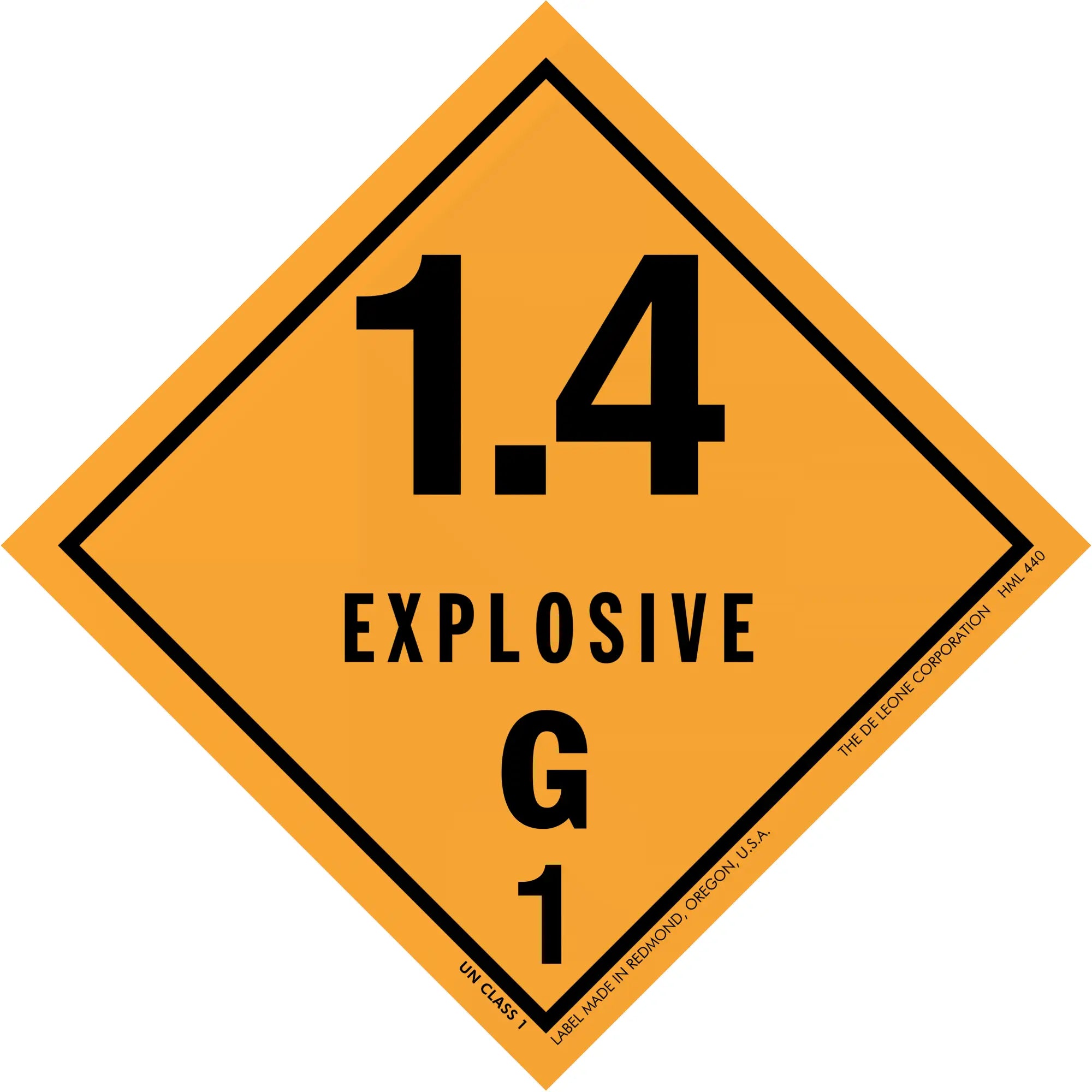 Diamond-shaped orange hazard placard displaying ’1.4 EXPLOSIVE G 1’’ warning symbol.