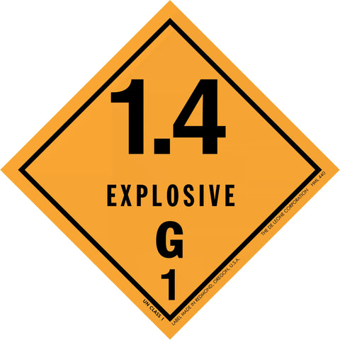 Diamond-shaped orange hazard placard displaying ’1.4 EXPLOSIVE G 1’’ warning symbol.